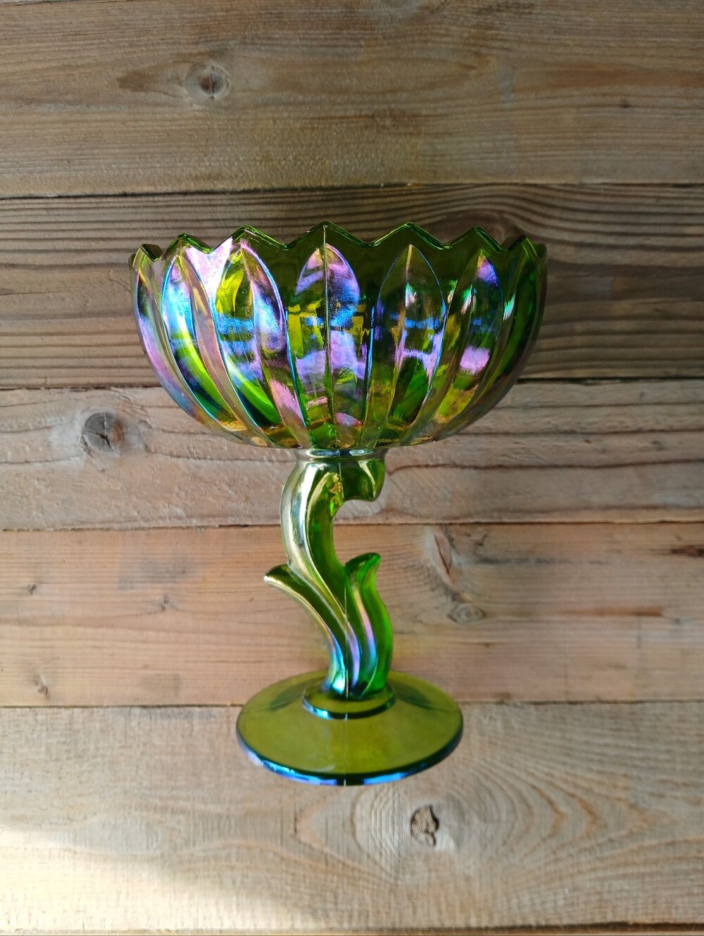 Vintage Indiana Glass Green Carnival Glass "Lotus Blossom" Pedestal Compote Dish